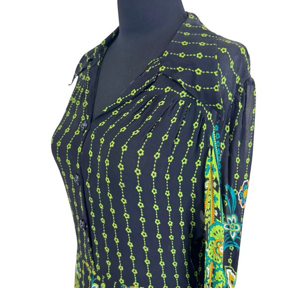 Vintage 70s Psychedelic Paisley Shirt Dress – Black, Green, Floral, M - Picture 6 of 16